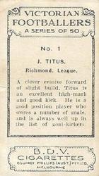 1933 Godfrey Phillips B.D.V. Victorian Footballers (A Series of 50) #1 Jack Titus Back